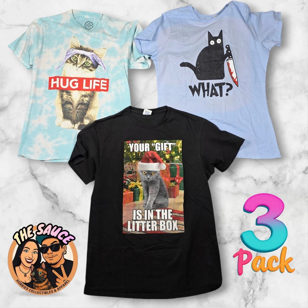 Mixed Cat Graphic T-Shirt Bundle Women S M Tie Dye Holiday Funny 3 Pack Kitsch
